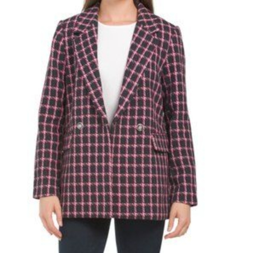 New Rachel Zoe Tweed Plaid Double Beasted Wool Blend Black/Pink Blazer NWT Small